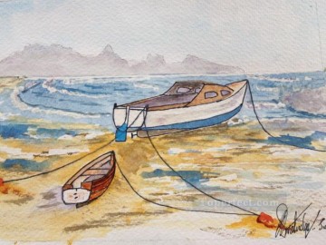 barco en la playa acuarela Pinturas al óleo